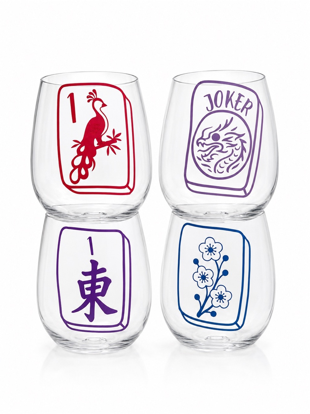 Mahjong Tile Tumbler Set – Set of 4 | 18.3 floz Reusable Plastic Glasses